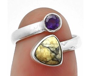Authentic White Buffalo Turquoise Nevada and Amethyst Ring Size-5 SDR211111 R-1205, 7x7 mm