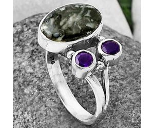 Pinolith Stone and Amethyst Ring Size-7 SDR212402 R-1228, 9x13 mm