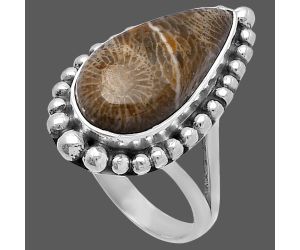 Flower Fossil Coral Ring size-7 SDR222320 R-1154, 10x18 mm