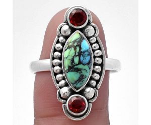 Lucky Charm Tibetan Turquoise and Garnet Ring size-9.5 SDR222863 R-1265, 6x13 mm