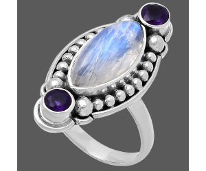 Rainbow Moonstone and Amethyst Ring size-7 SDR222884 R-1265, 7x15 mm