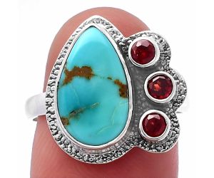 Natural Rare Turquoise Nevada Aztec Mt and Garnet Ring size-8 SDR222960 R-1655, 8x14 mm