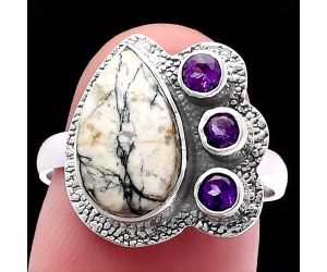 Authentic White Buffalo Turquoise Nevada and Amethyst Ring size-8 SDR222976 R-1655, 8x13 mm