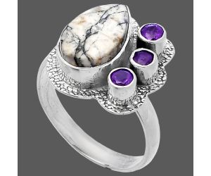 Authentic White Buffalo Turquoise Nevada and Amethyst Ring size-8 SDR222976 R-1655, 8x13 mm