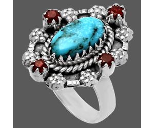 Natural Turquoise Morenci Mine and Garnet Ring size-8 SDR223214 R-1264, 7x12 mm