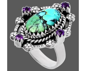 Lucky Charm Tibetan Turquoise and Amethyst Ring size-8 SDR223222 R-1264, 9x16 mm
