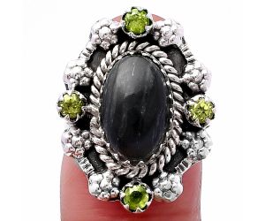 Silver Leaf Obsidian and Peridot Ring size-6 SDR223226 R-1264, 8x13 mm