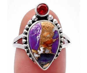 Spiny Oyster Turquoise and Garnet Ring size-8 SDR224339 R-1267, 10x15 mm