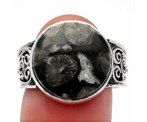 Black Flower Fossil Coral Ring size-9 SDR225271 R-1431, 15x15 mm