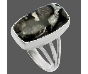 Black Flower Fossil Coral Ring size-9 SDR225466 R-1003, 11x19 mm