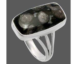 Black Flower Fossil Coral Ring size-9 SDR225514 R-1003, 11x20 mm
