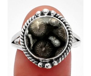 Black Flower Fossil Coral Ring size-10 SDR225628 R-1253, 12x12 mm