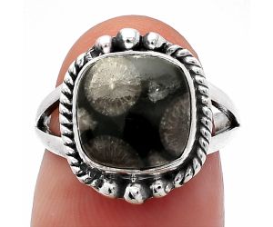 Black Flower Fossil Coral Ring size-6 SDR225683 R-1253, 10x10 mm