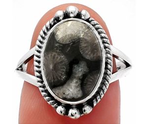 Black Flower Fossil Coral Ring size-8 SDR225691 R-1253, 10x14 mm