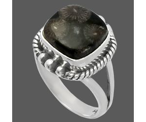 Black Flower Fossil Coral Ring size-6 SDR225692 R-1253, 10x10 mm