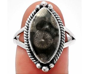 Black Flower Fossil Coral Ring size-9 SDR225699 R-1253, 9x17 mm