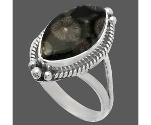 Black Flower Fossil Coral Ring size-9 SDR225699 R-1253, 9x17 mm