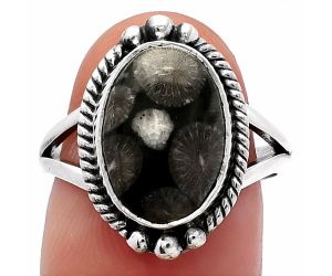 Black Flower Fossil Coral Ring size-8 SDR225701 R-1253, 10x14 mm