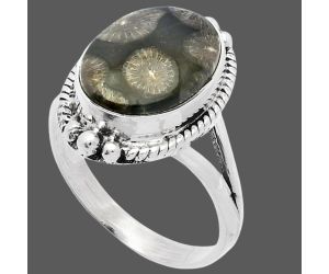 Black Flower Fossil Coral Ring size-9.5 SDR225769 R-1253, 11x15 mm