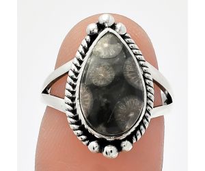 Black Flower Fossil Coral Ring size-6 SDR225789 R-1253, 8x14 mm