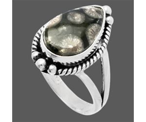 Black Flower Fossil Coral Ring size-6 SDR225789 R-1253, 8x14 mm