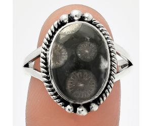 Black Flower Fossil Coral Ring size-9 SDR225795 R-1253, 10x14 mm