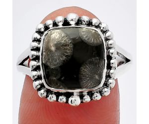 Black Flower Fossil Coral Ring size-8 SDR225905 R-1154, 10x10 mm