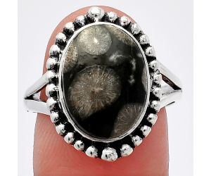 Black Flower Fossil Coral Ring size-9 SDR225930 R-1154, 10x14 mm