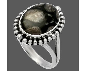 Black Flower Fossil Coral Ring size-9 SDR225930 R-1154, 10x14 mm