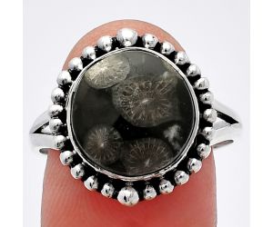 Black Flower Fossil Coral Ring size-9.5 SDR225940 R-1154, 12x12 mm