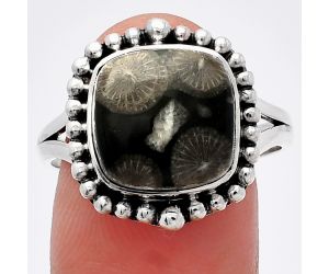 Black Flower Fossil Coral Ring size-9.5 SDR225948 R-1154, 11x11 mm