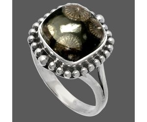 Black Flower Fossil Coral Ring size-9.5 SDR225948 R-1154, 11x11 mm