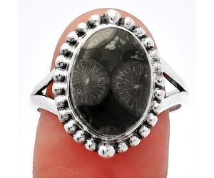 Black Flower Fossil Coral Ring size-8.5 SDR225990 R-1154, 10x13 mm