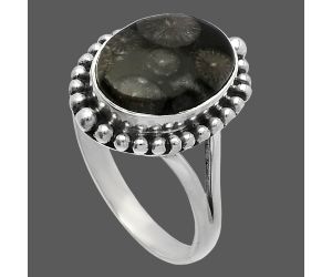 Black Flower Fossil Coral Ring size-9.5 SDR226068 R-1154, 10x14 mm