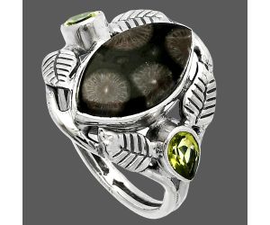 Southwest Design - Black Flower Fossil Coral and Peridot Ring size-9.5 SDR226143 R-1303, 9x16 mm