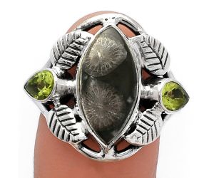 Southwest Design - Black Flower Fossil Coral and Peridot Ring size-9.5 SDR226145 R-1303, 8x17 mm