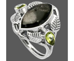 Southwest Design - Black Flower Fossil Coral and Peridot Ring size-9.5 SDR226145 R-1303, 8x17 mm