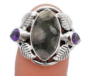 Southwest Design - Black Flower Fossil Coral and Amethyst Ring size-9 SDR226154 R-1303, 9x16 mm