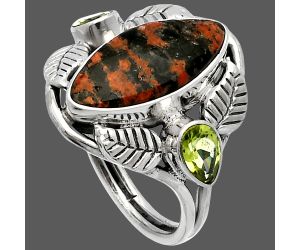 Southwest Design - Fireworks Obsidian and Peridot Ring size-9 SDR226158 R-1303, 8x17 mm