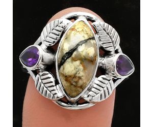 Southwest Design - Authentic White Buffalo Turquoise Nevada and Amethyst Ring size-9 SDR226160 R-1303, 8x15 mm