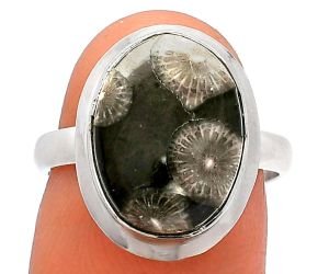 Black Flower Fossil Coral Ring size-7 SDR226276 R-1007, 11x14 mm