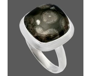 Black Flower Fossil Coral Ring size-8 SDR226301 R-1007, 13x13 mm