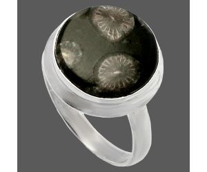 Black Flower Fossil Coral Ring size-8 SDR226303 R-1007, 14x14 mm