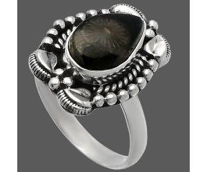 Black Flower Fossil Coral Ring size-8 SDR226670 R-1598, 7x11 mm