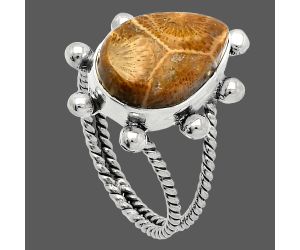 Flower Fossil Coral Ring size-8.5 SDR229102 R-1268, 11x16 mm