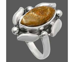 Flower Fossil Coral Ring size-7 SDR229501 R-1125, 8x14 mm