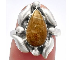 Flower Fossil Coral Ring size-7 SDR229622 R-1125, 8x14 mm