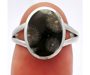Black Flower Fossil Coral Ring size-7 SDR230377 R-1005, 9x13 mm