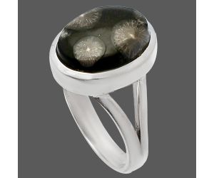 Black Flower Fossil Coral Ring size-7 SDR230377 R-1005, 9x13 mm