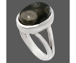 Black Flower Fossil Coral Ring size-7 SDR230425 R-1005, 9x13 mm